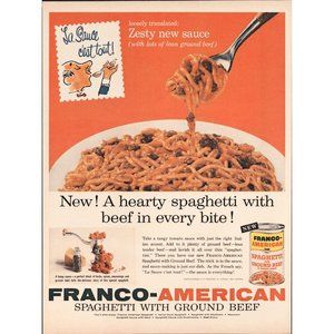 1959 Franco American Canned Spaghetti Vintage Print Ad Microwave Wall Art 50s